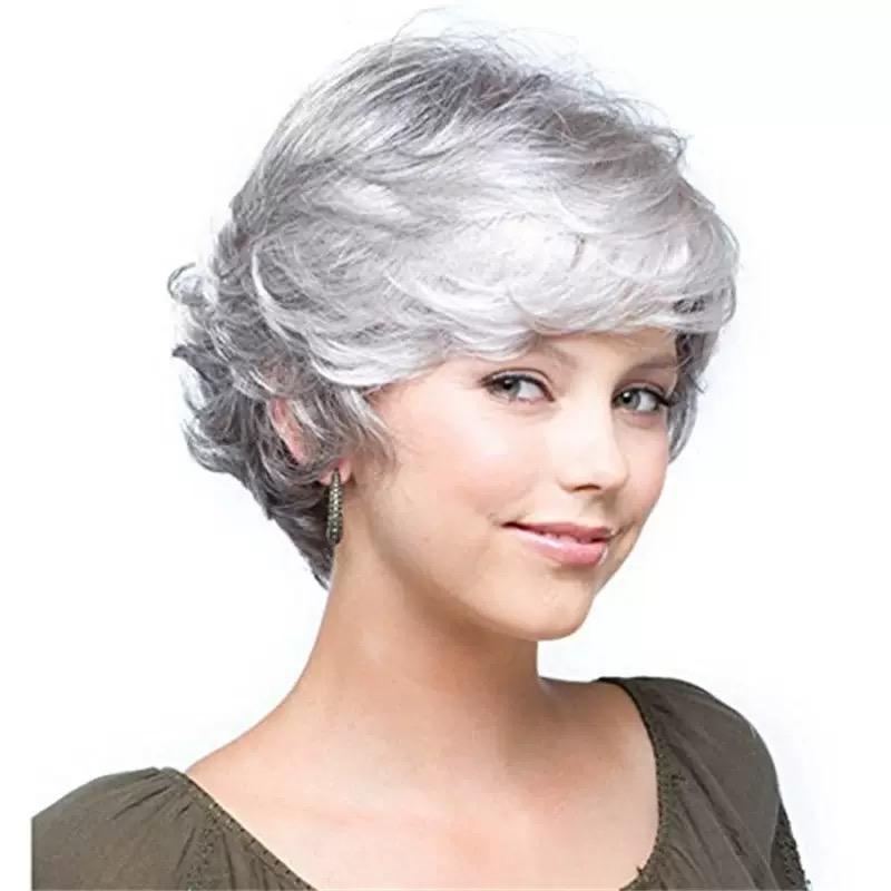 Perruque Courte Bouclée pour Femme, Cheveux Synthétiques Argentés pour Dames Âgées