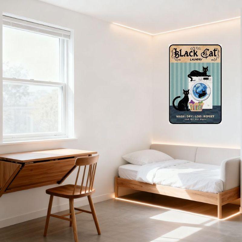 Schwarze Katze Wäsche Metallschild Vintage Skurril Wäscheraum Dekor mit Katzen Waschmaschine Bügeleisen Poster für Zuhause Bar Cafe Wand D