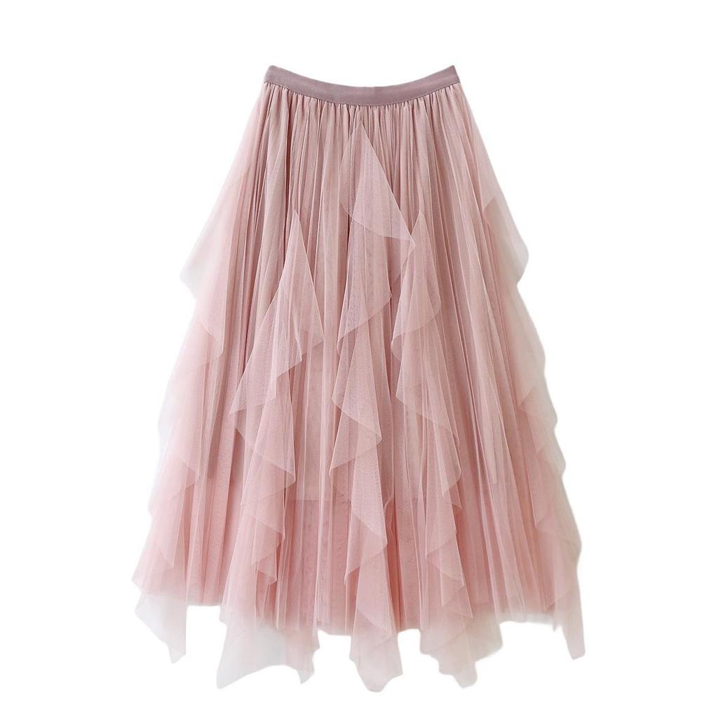 2023 Women's Irregular A-Line Pleated Gauze Skirt with Tassels