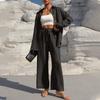 Women's Fashion Solid Color Long Sleeved Button Cardigan Top Elastic Waist Casual Pants Two-piece Set