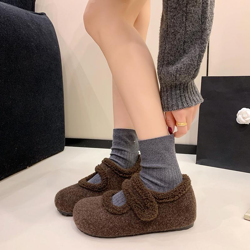 Winter New Platform Woolen Velvet Light Mouth Single Shoes Women's Brown Velcro Mary Jane Wool Cotton Shoes