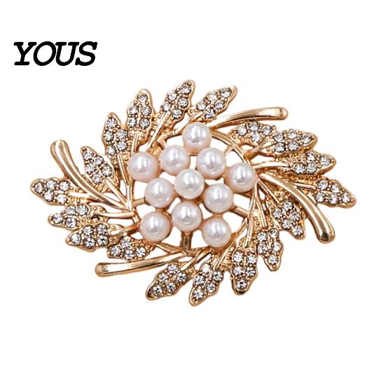 Metal Pin Flower Branch Brooch, Retro Leaf Design Lapel with Faux Decorative Brooch Accessory Pearls, Electroplating Anti-Oxidation Badge for