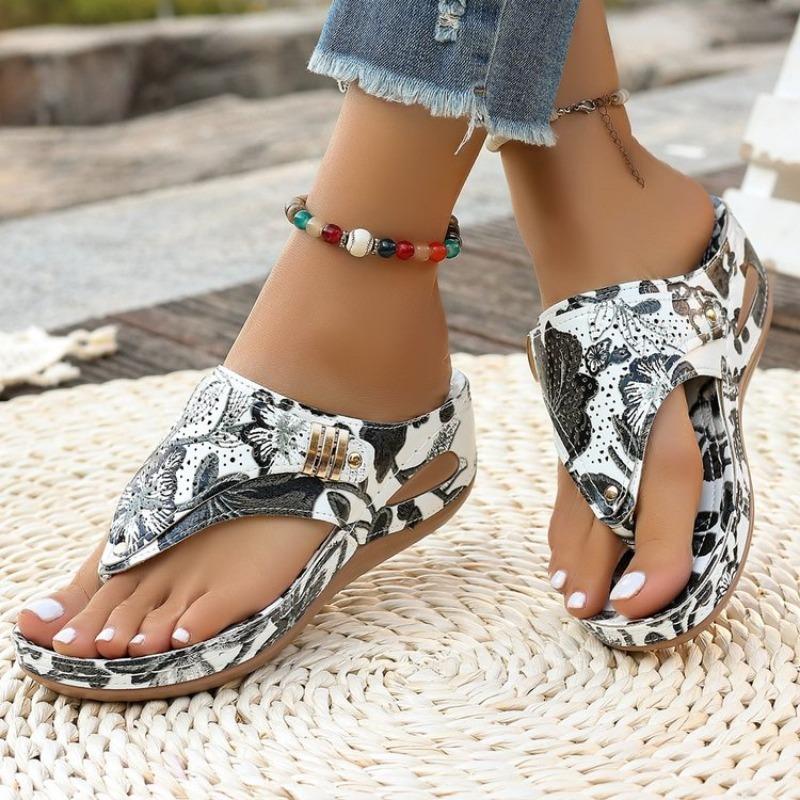 Women's Floral Print Flip Flops Wedge Heel Thong Sandals Casual Summer Beach Slippers Plus Size 43
