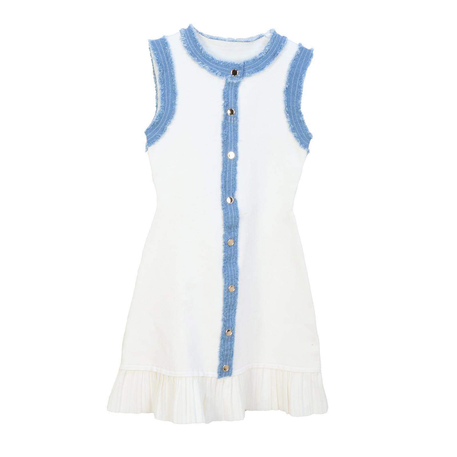 

2025 Spring/Summer Elegant Sleeveless Denim Patchwork Dress with Pleated Hem Small