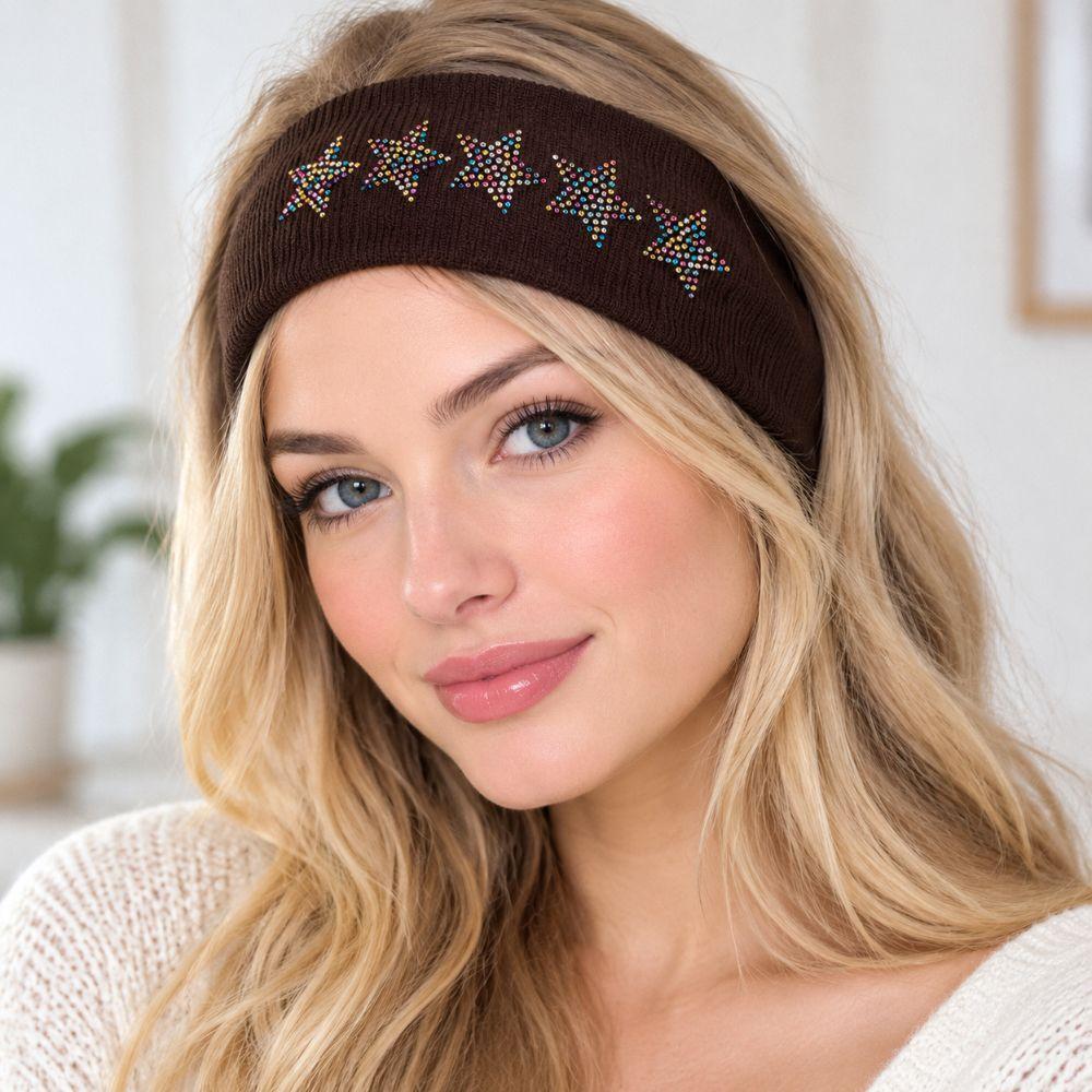 Wide Band Rhinestone Star Headband Non Slip Stretchy Sweatband Y2K Knit Hair Band  Sport Workout