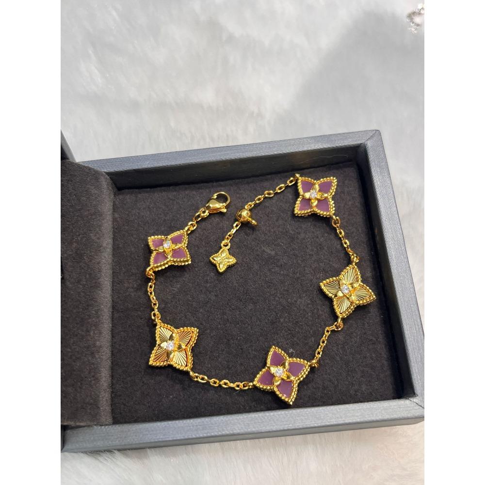 Purple Chalcedony Laser Four-leaf Clover Five-flower Bracelet Retro Palace Style Sweetelegantnew Arrival Women's Bracelet