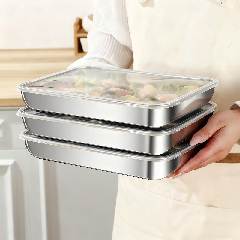 Stainless Steel Fresh-keeping Box Fruit Plate Vegetable Preparation Plate Refrigerator Storage Outdoor Bento Picnic with Lid