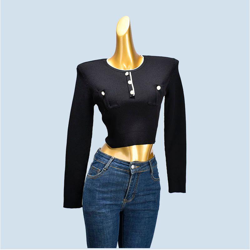 Spring & Fall O-neck Short Contrast Color Long Sleeves Pairs Qu Zhu No Pilling Knitting Silm Stretch Bottoming Shirt Pullover Slimming Women