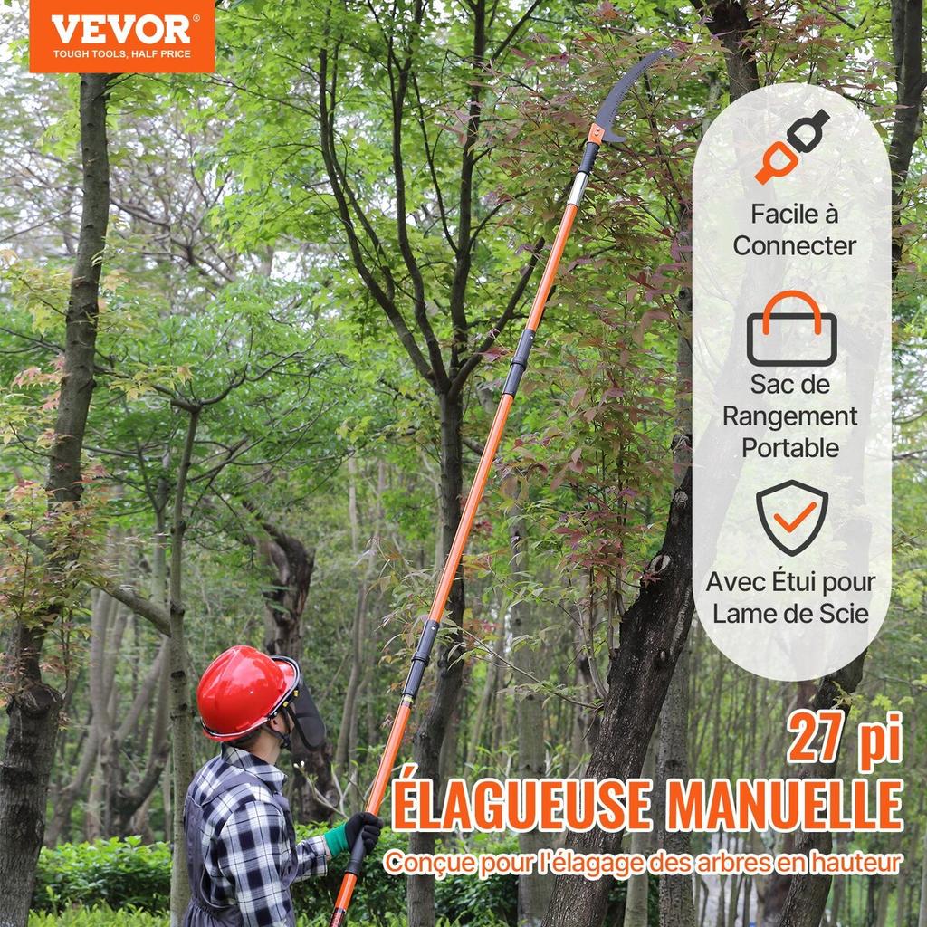 Manual Pole Saw, 7.3-27 Ft Extendable Tree Pruner, Sharp Steel Blade High Branches Trimming, Manual Branch Trimmer with Lightweight 8 Fiberglass