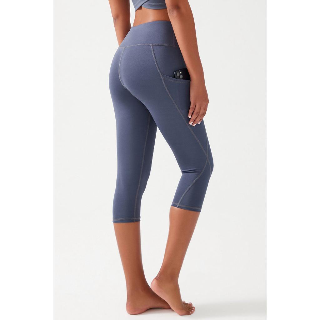 Women's Black High Waist Collecting Double Pocket Below Knee Capri Leggings Capri