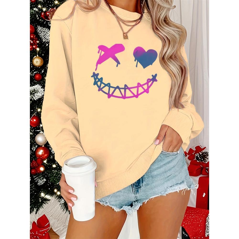 

Women s Autumn and Winter Casual, Loose, Comfortable, Warm, Smiling Face Pattern Printed Round Neck Long Sleeved Pullover XL