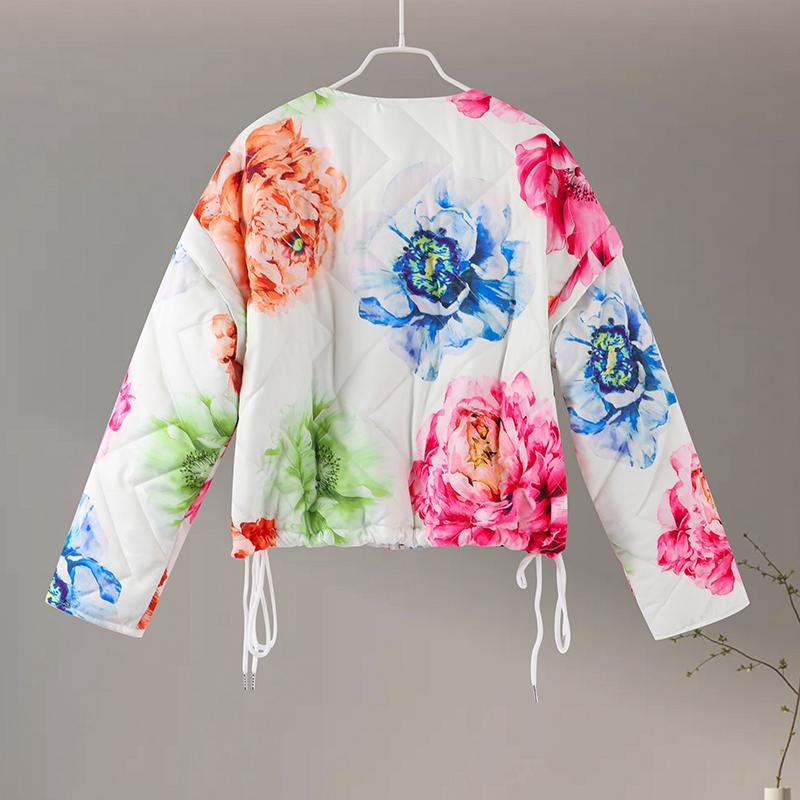 Fashion Floral Printed Jackets Women Elegant O-neck Single Breasted Draw Rope Female Coat Autumn Lady Casual Coats