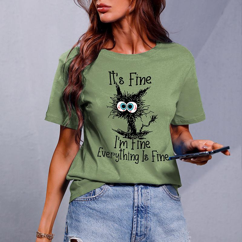 2025 Spring Summer New Short-Sleeve T-Shirt Black Cat Print Round Neck Solid Color Pullover Casual Short-Sleeve Women's Tops