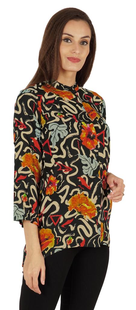 Bimba Button Down Tunic Casual Printed 3 4th Sleeves Loose Fit Rayon Tunic Long Shirt Top For