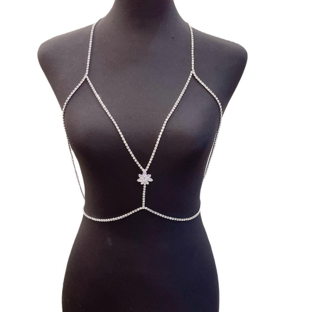 European And American Rhinestone Body Chain Simple Chest Chain Bra, Sexy Shiny Cross Geometric Circle Integrated Chain Bra
