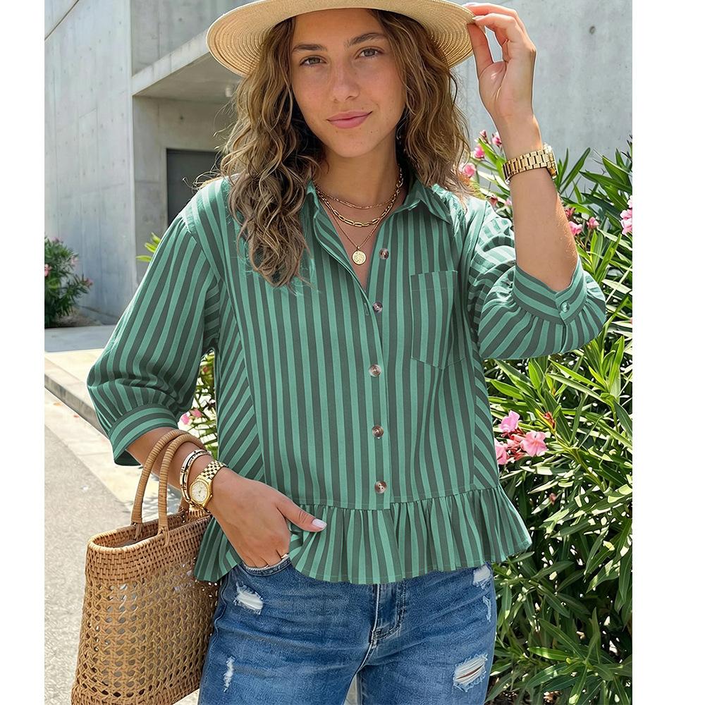 Summer Spring New Style Casual Buttoned Three-quarter Sleeve Business Striped Shirt
