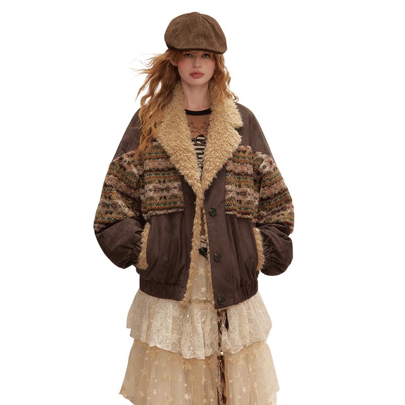 

UNIFREE Vintage Fair Isle Suede Patchwork Lamb Fleece Jacket L