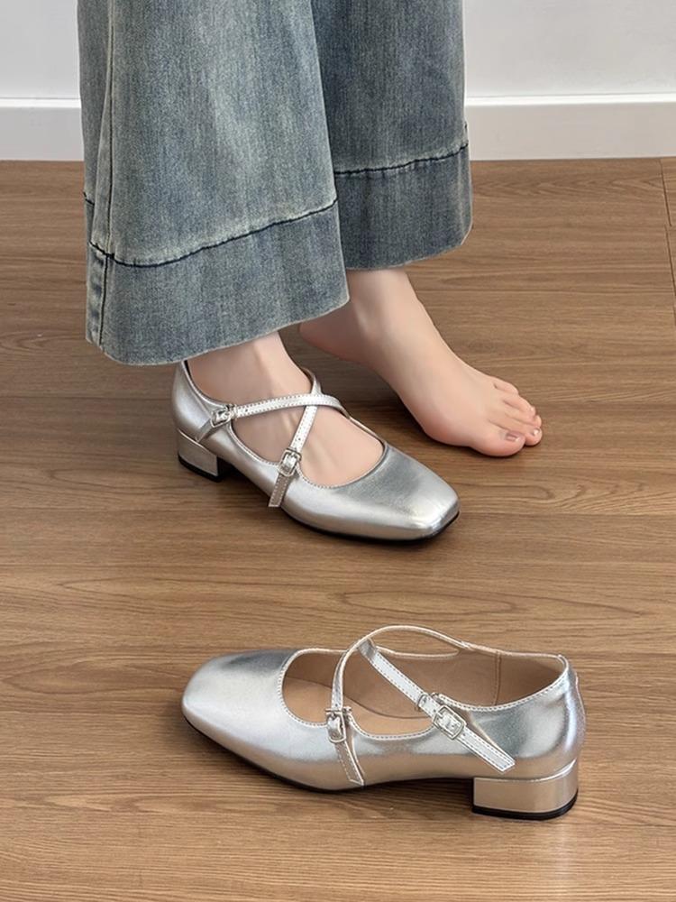 Cowhide~ Genuine leather French retro silver light mouth single shoes women's thick heel versatile Mary Jane high heels small leather shoes