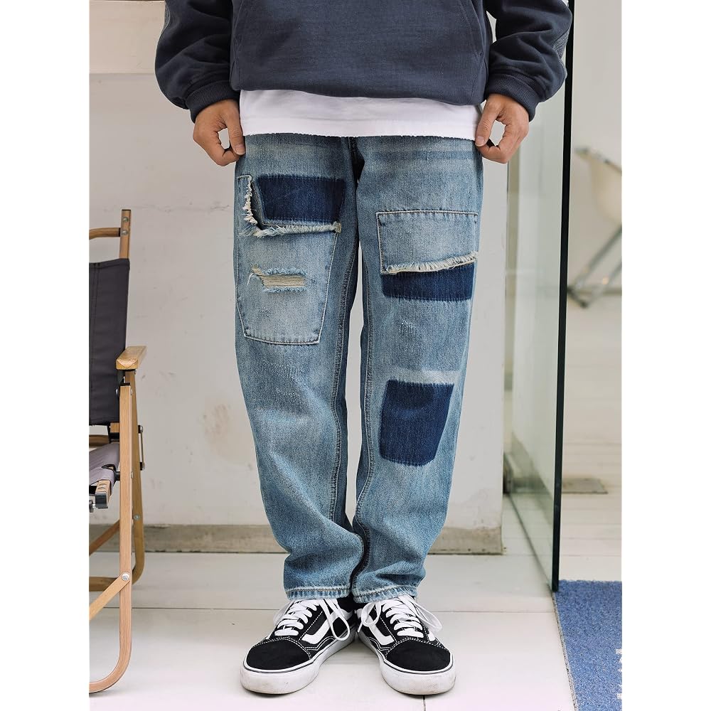 Change Well Men's Vintage Style Straight Casual Denim Pants Blue Size 28 with Distressed Design