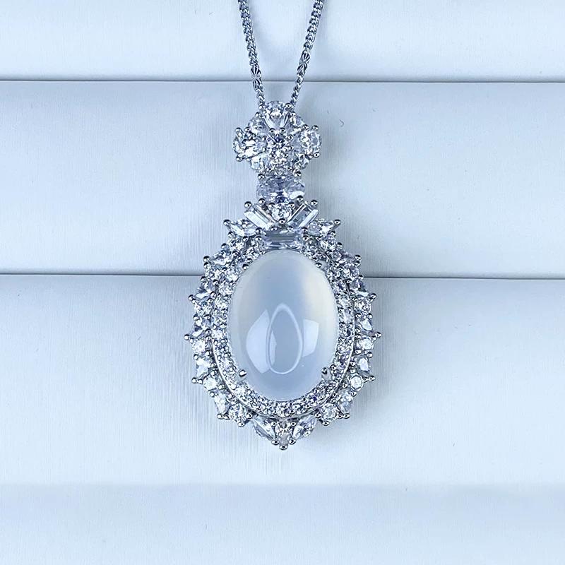 Natural Ice Chalcedony Pendant Women's Jadeite Inlaid Gemstone Transparent White Jade Pendant Agate Necklace Hanging Pendant