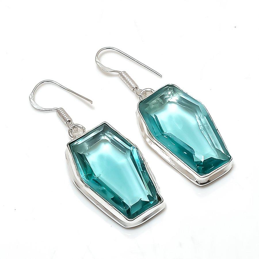 Aqua Apatite Gemstone Handmade 925 Sterling Silver Jewelry Earring 1.85" F2l98