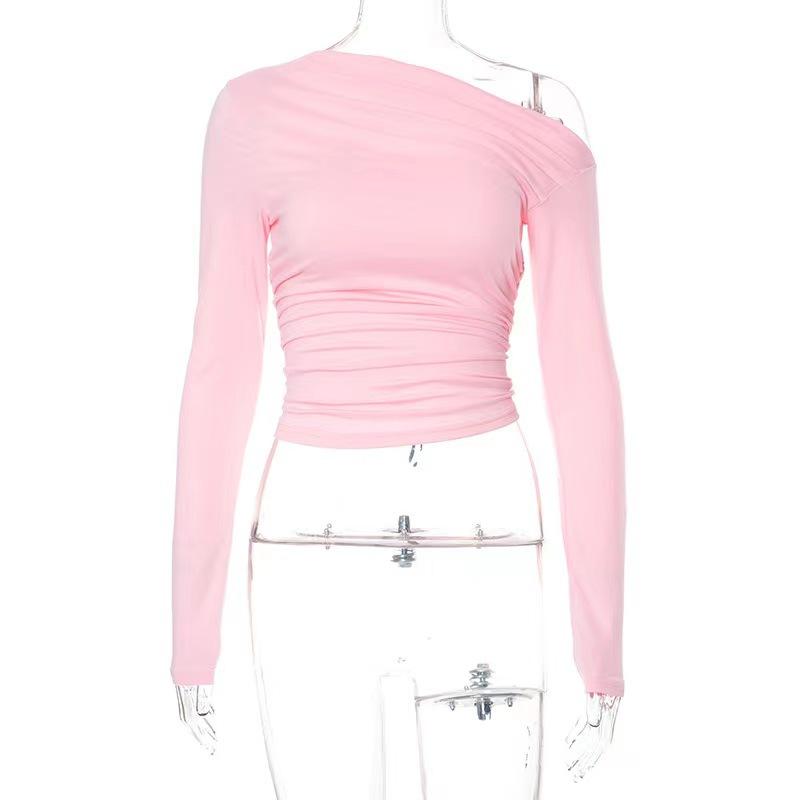 YYFS Moda Donna Casual Primavera Autunno Tinta Unita Stampa Manica Lunga Scollo Obliquo Bluse e Camicie