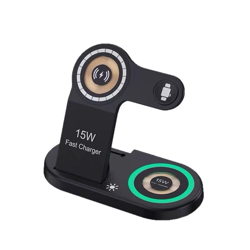 Foldable 3-in-1 Magnetic Wireless Charger for Apple Phone, Watch & Earbuds with Vertical Stand & Data Cable