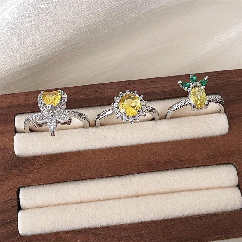 Yellow Diamond Series Color Treasure Open Ring Full Of Diamonds Zircon Exquisite French Light Luxury Premium Sense Adjustable Ring