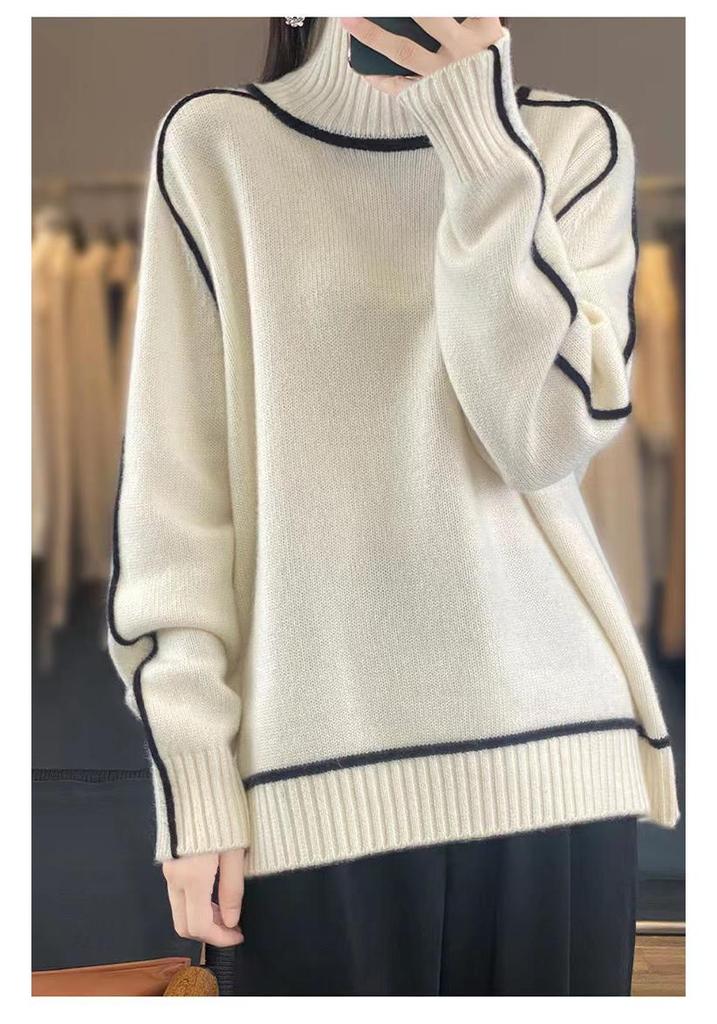 Women's Color Block High Neck Wool Sweater - Thickened Loose Knit Pullover for Autumn & Winter.