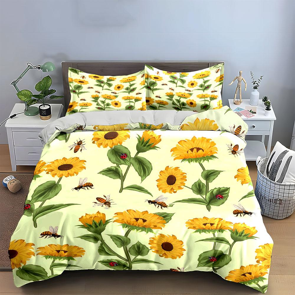Sunflowers, leaves, bees, ladybugs. Bedding sets Duvet cover sets Duvet covers Pillowcases(1*Duvet Cover 2*Pillowcases without duvet insert)