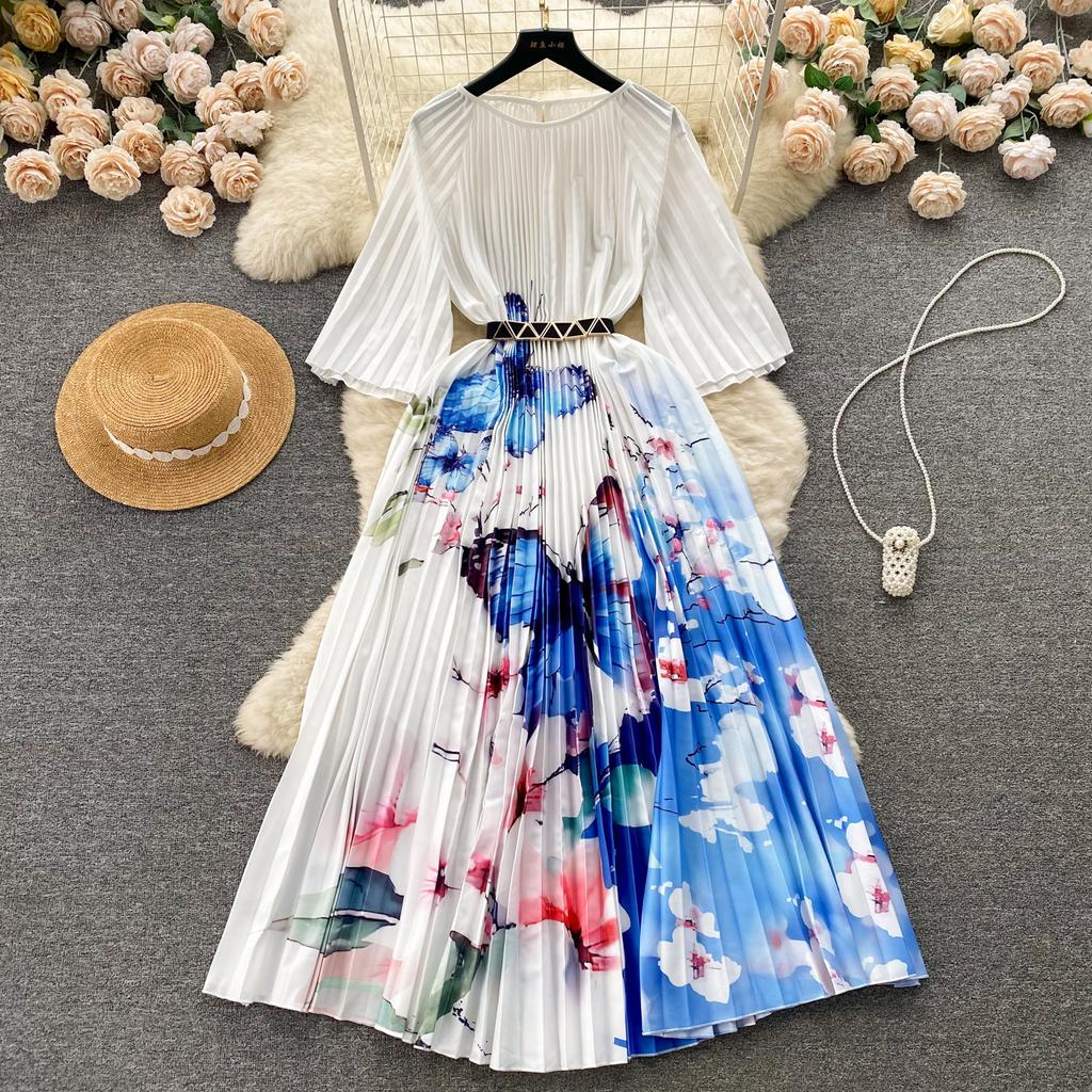 Spring Autumn Women Print Loose Pleated Dress Half Sleeve Oversized Long Maxi Robe
