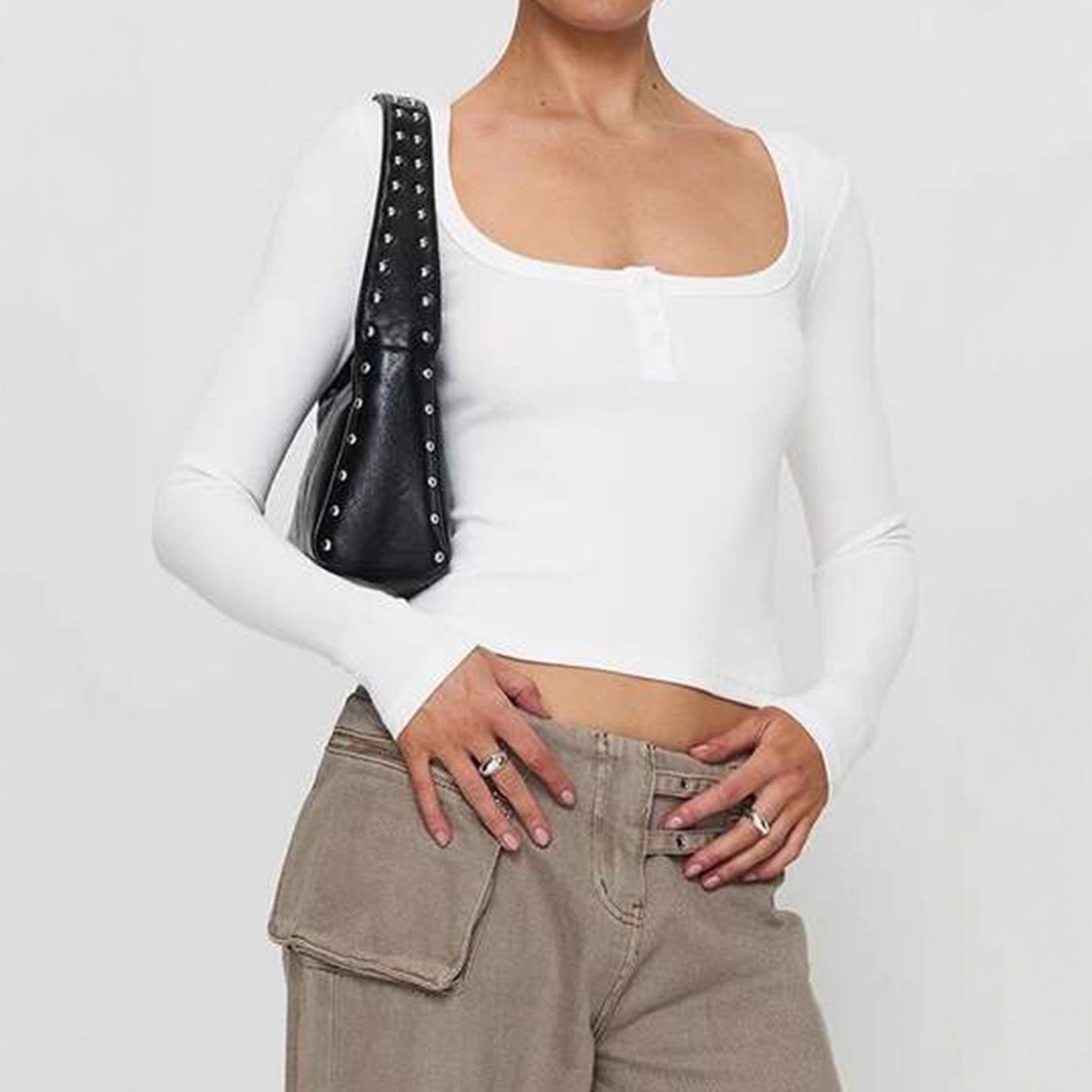

Women s Casual Button Square Neck Long Sleeve Bottoming Shirt Versatile T-Shirt S белый