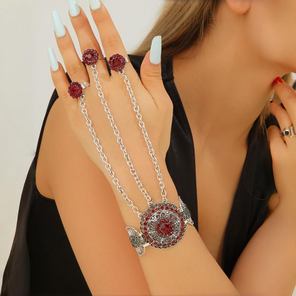 Vintage Geometric Alloy Ruby Ring And Bracelet Set For Women With Rhinestone Embellishments
