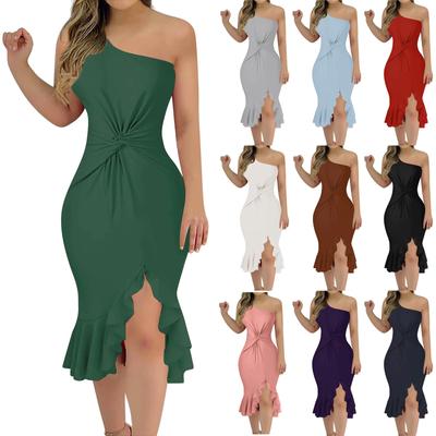 Moda feminina sexy vestido de babado de cor sólida com um ombro