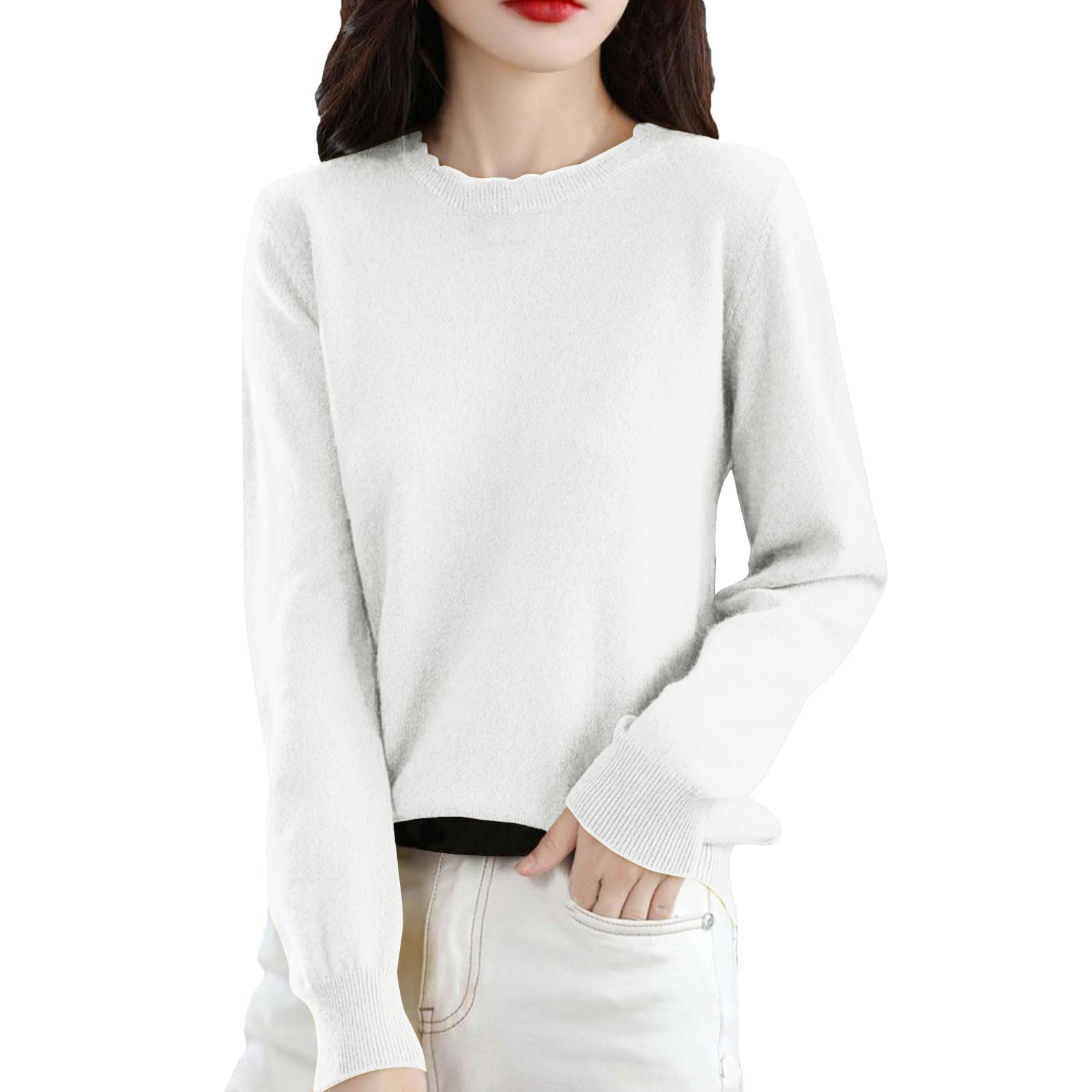 

Women s Casual Lace Round Neck Base Layer Knitted Long Sleeve Solid Color Sweater S белый