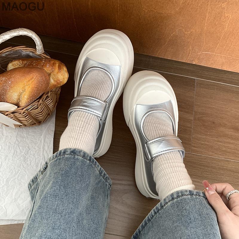

Women s Round Toe White Shoes Buckle Straps Thick Bottom Casual Shoes Chunky Sole Height Increasing Sneakers Daily Footwear 35 серебряный
