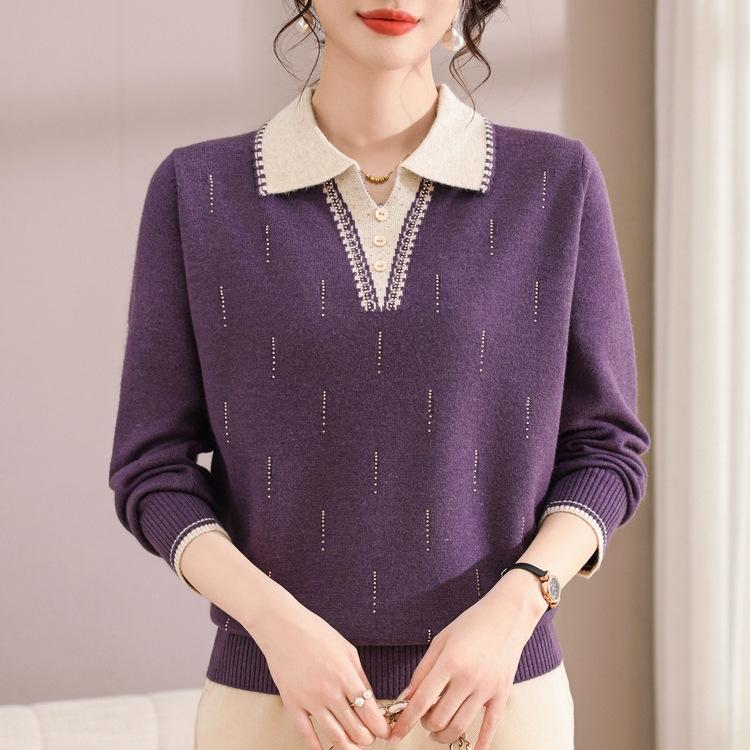 Mom's Autumn Clothes New Knitted Bottoming Shirt Middle-aged and Elderly Women's Clothing Spring and Autumn Lapel Neck Long-sleeved Pullover