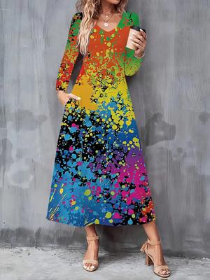 2025 Autumn and Winter New Women Casual Fashion Dress 3D Tie-dye Print  Long Sleeve V-Neck A-Line Dresses