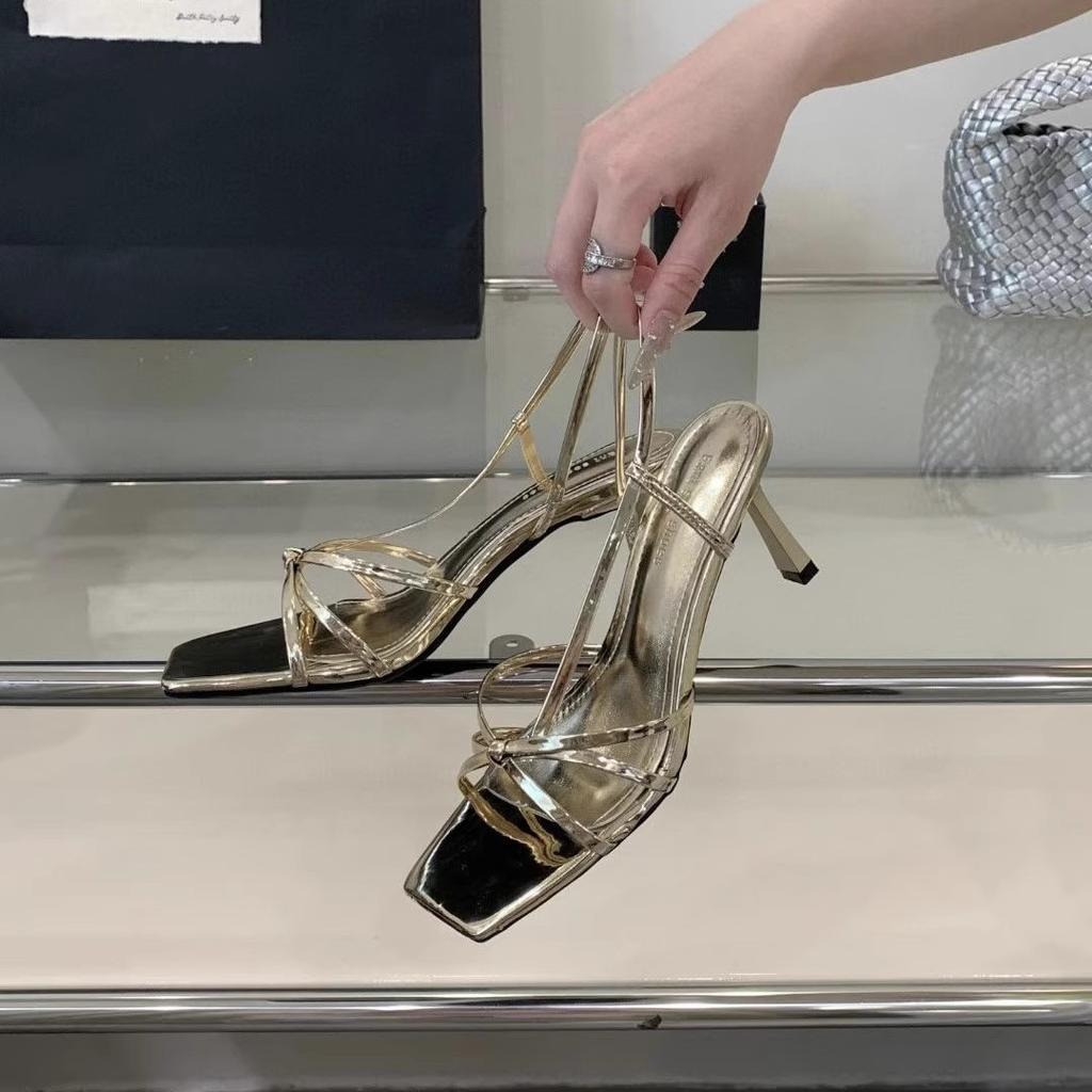Fairy style~ new gold high heels female French Roman sandals year-round hollow with skirt high heels sandals