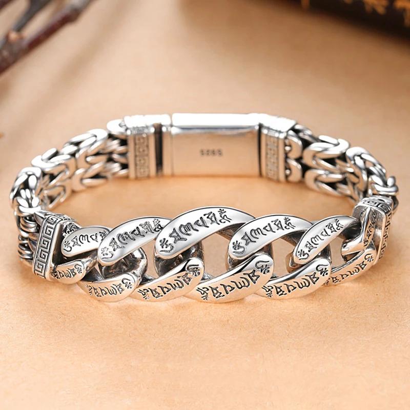 HX New Chinese Style Retro Silver Hipster Men Bracelet Creative Personality Hand Diamond Pestle Peace Pattern Chain Jewelry