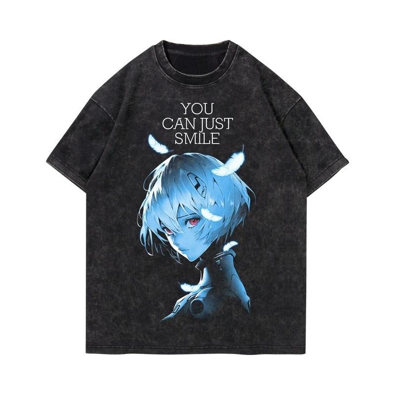 EVA 01 Herren Streetwear T-Shirt Vintage Gewaschen Übergroß Y2K Anime Bedrucktes T-Shirt Damen Harajuku Baumwolle Lässig Kurzarm Kleidung