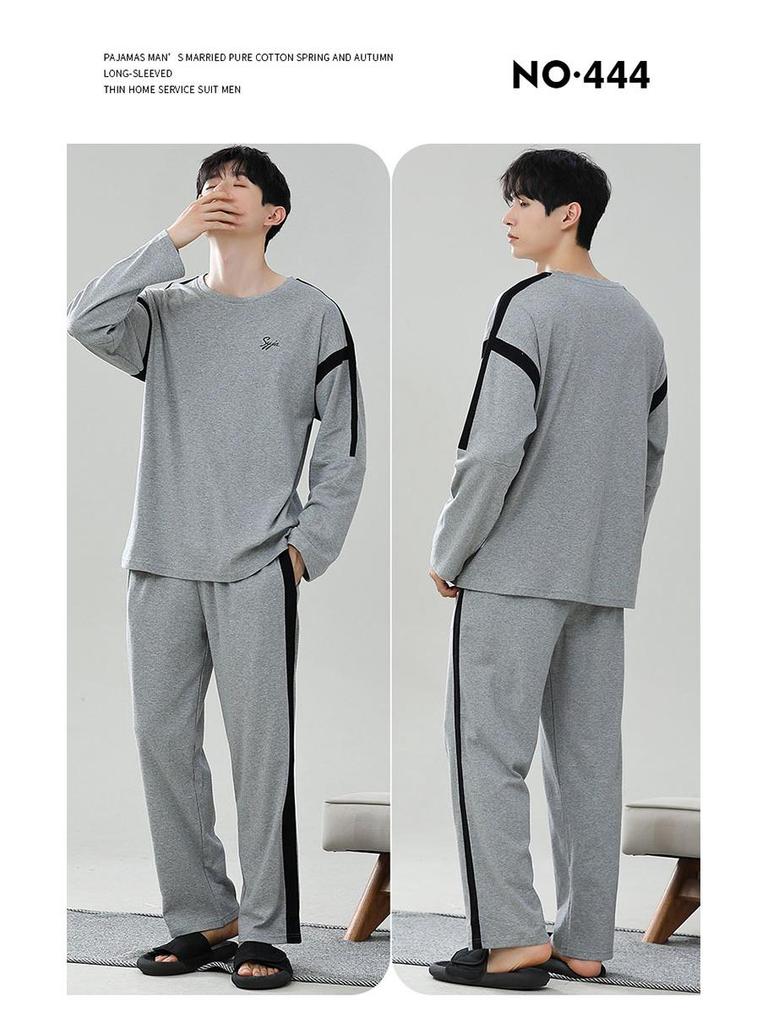 Men's Spring/Autumn Modal Pajama Set: Round Neck Pullover with Long-Sleeve Top and Trousers, Suitable for Outdoor Wear and Sports Style.