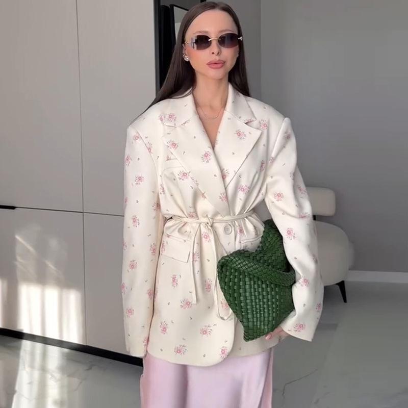 

Женский блейзер с принтом, лацканами и завязками на талии, пиджак для костюма, свободное тонкое пальто с длинными рукавами, весна и лето 2025 S бежевый
