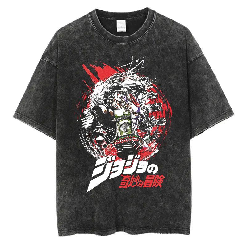 Vintage Washed TShirt Men Summer Hip Hop Streetwear T-shirt JoJo Bizarre Adventure Anime Print Cotton Casual Short Sleeve T-shirt Daily Wear Cool Top
