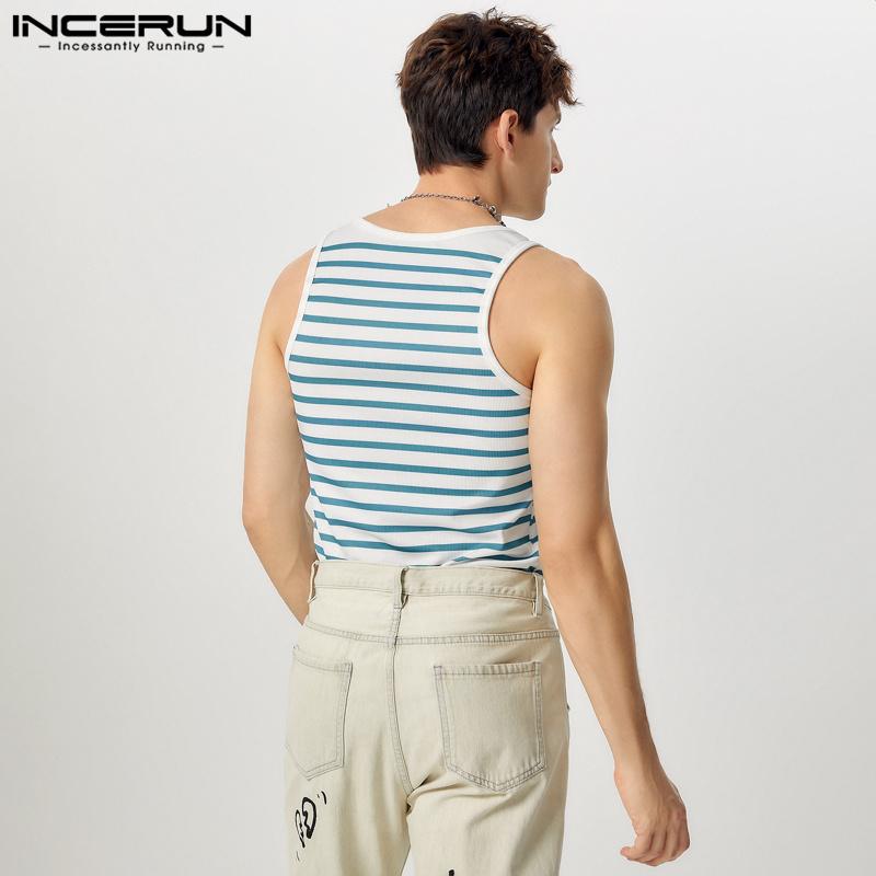 INCERUN Men Summer Sleeveless Tank Tops Striped Print Racerback Vest