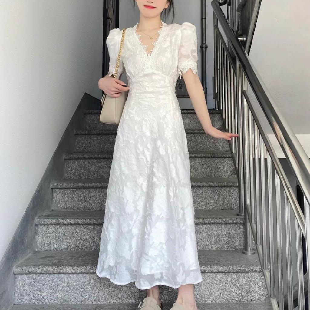 White V-neck Dress, New Summer Women's Fashion, High-end Elegant Long Dress, French Fairy Dress for Tea Break
