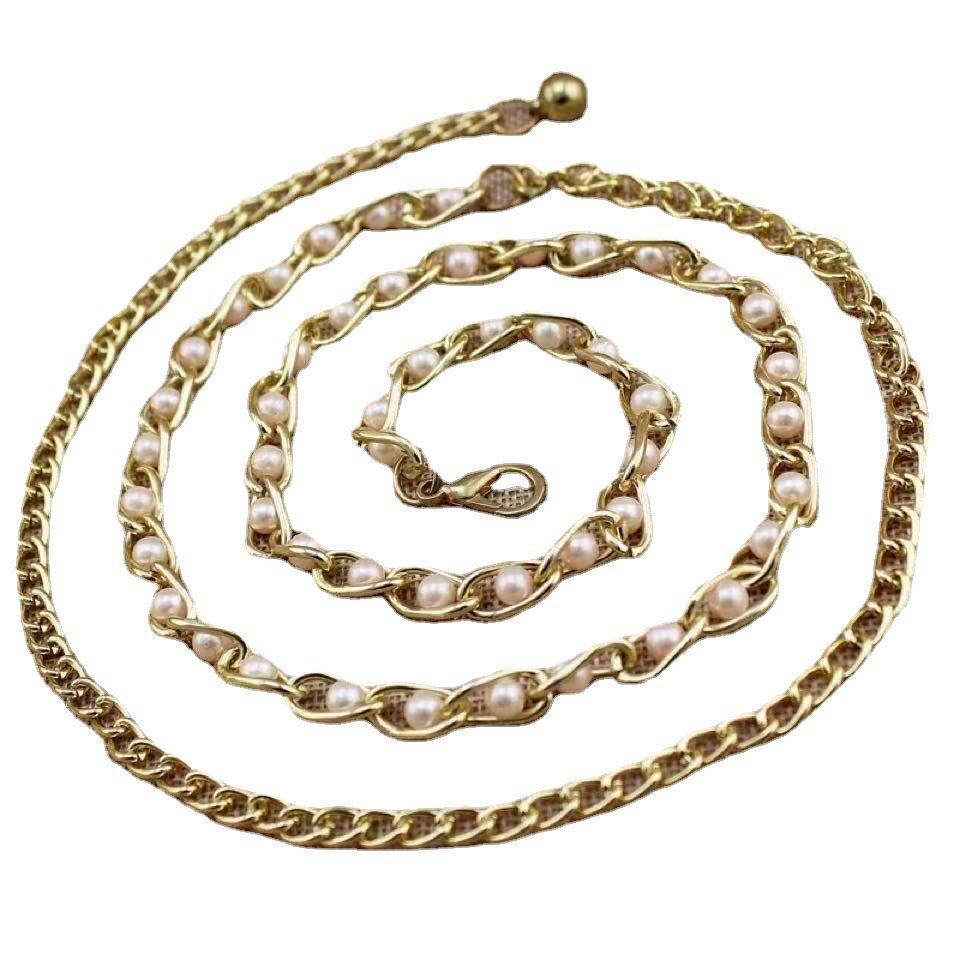 

Поясная цепочка Женская Весенне-летнее платье Декоративный жемчужный пояс Модная универсальная металлическая застежка Тонкая поясная цепочка Разноцветное украшение для талии 115cm