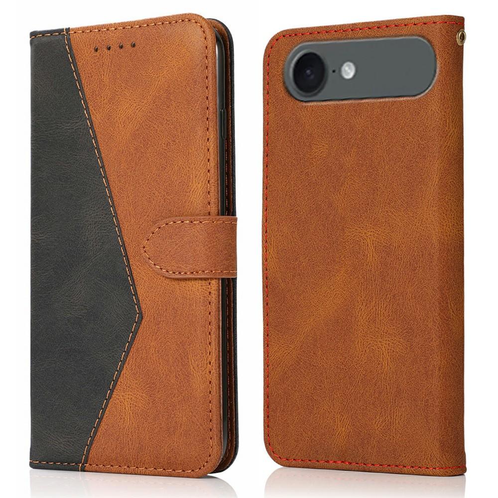 

For iPhone 17 Air Case Color Splicing Wallet Stand Leather Phone Cover with Wrist Strap Black/Brown