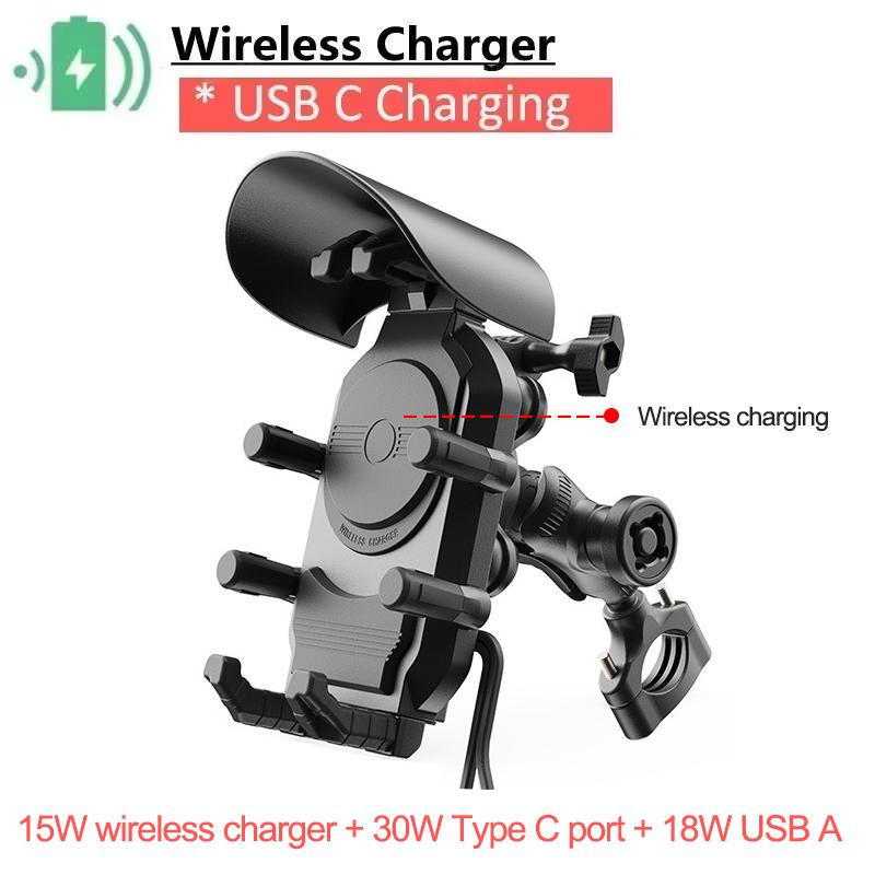 Shockproof Motorcycle Phone Holder 15W Wireless Charger & 18W USB 30W Type C Fast Charging Motorbike Bicycle Bike Scooter Stand