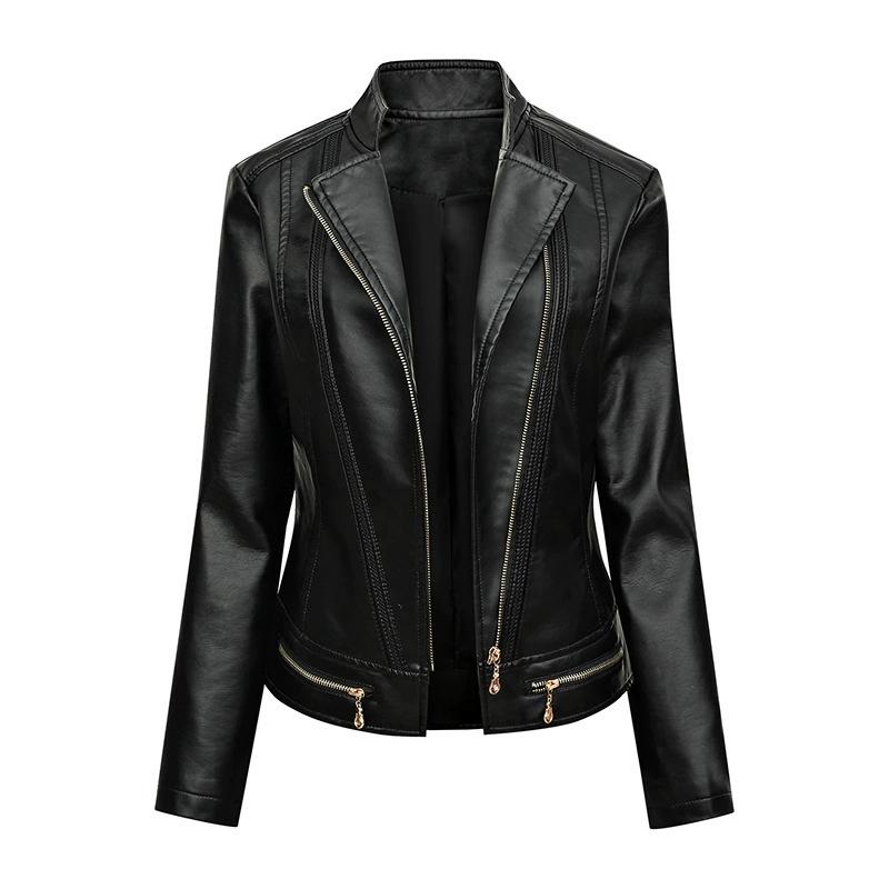 Europäische und amerikanische Damen-Slim-Fit-Outdoor-Freizeitjacke für Frühling und Herbst, Damen-Motorradanzug, Übergröße mit Anzugkragen, PU-Lederjacke